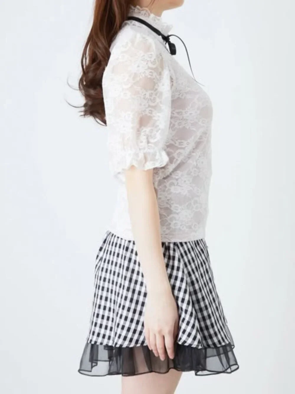 ANK ROUGE lace puff sleeve high neck blouse - Picture 4 of 9